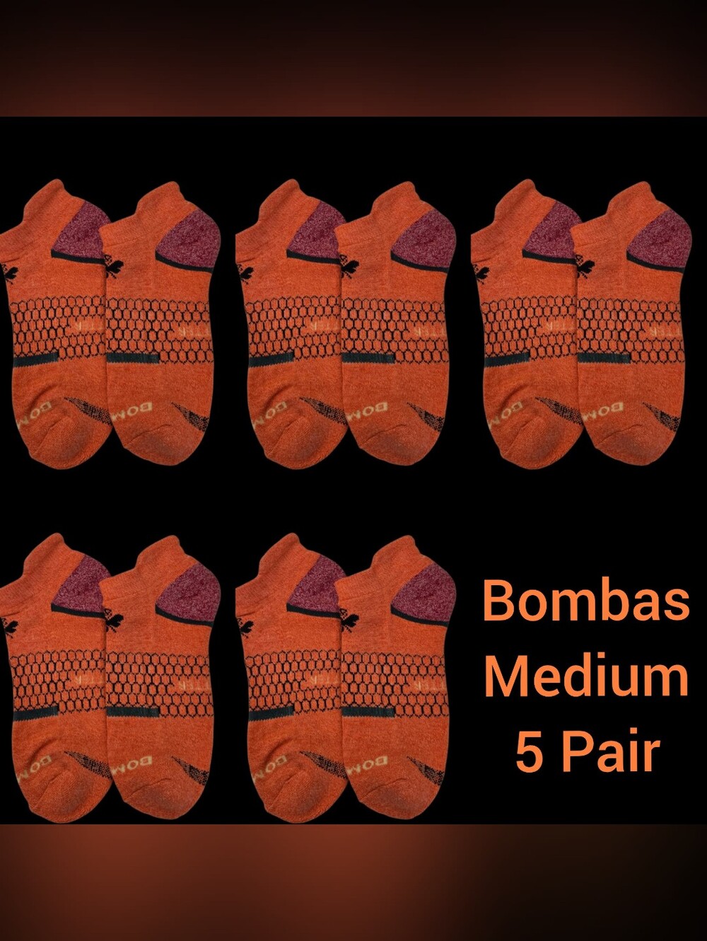 Bombas Medium Ankle Socks Coral Black Red 5 Pair BNWT Unisex Honeycomb Arch Supp